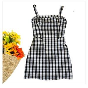 Hollister Women's Sundress Size Large Mini Dress Black White Plaid Pockets Strap